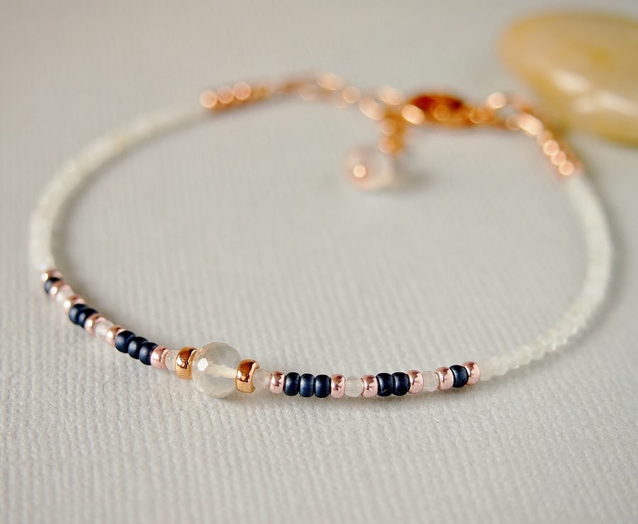 Moonstone Bracelet - Skinny Gemstone Bracelet - Navy White - Rose Gold
