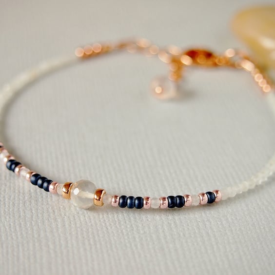 Moonstone Bracelet - Beaded Gemstone Bracelet - Navy White - Rose Gold