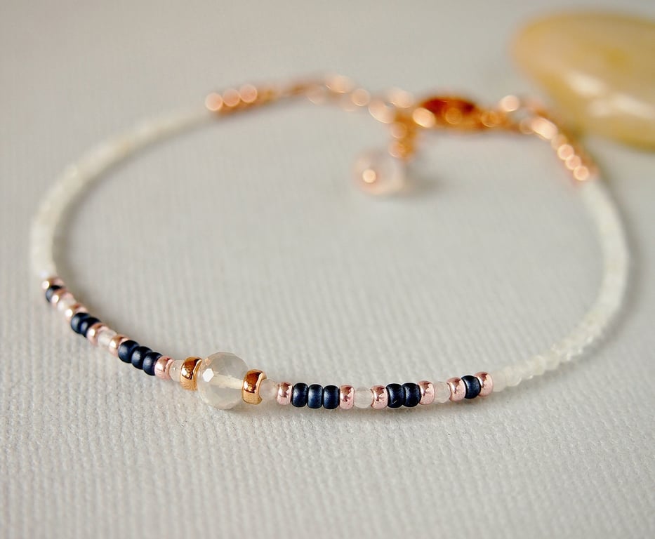 Moonstone Bracelet - Skinny Gemstone Bracelet - Navy White - Rose Gold