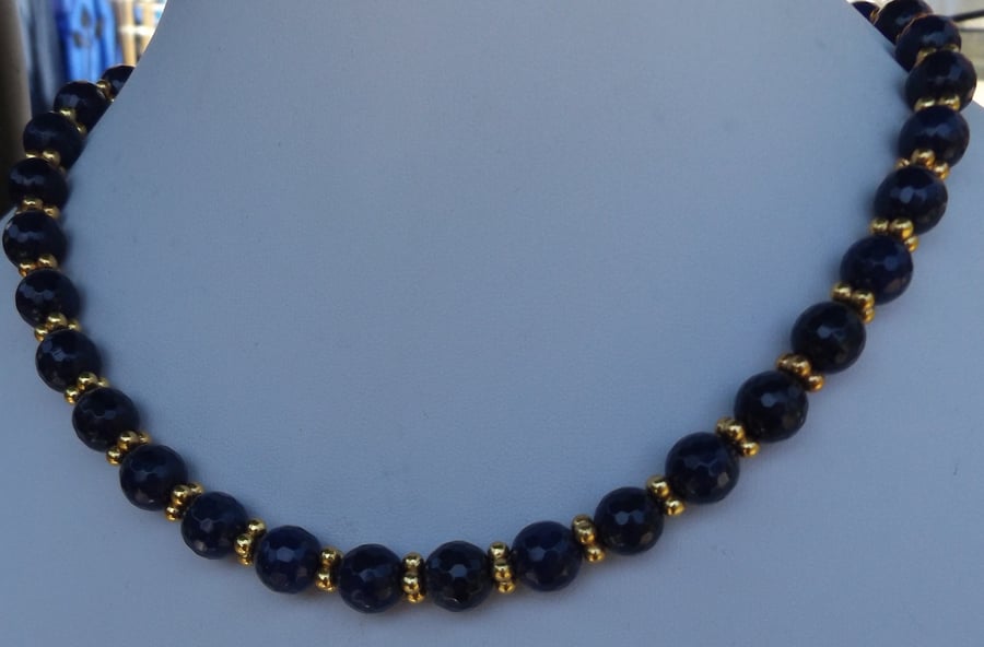 Blue faceted agate 18" necklace with gold spacers with toggle clasp