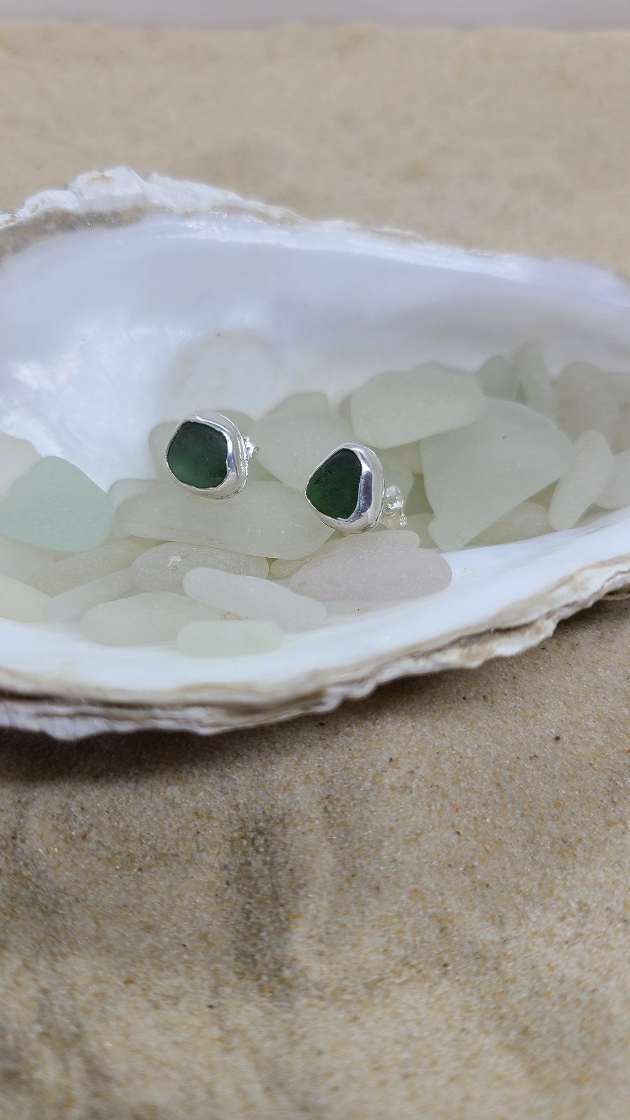 Green sea glass and silver studs SE3