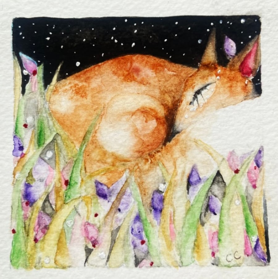 Original Resting Fox in Meadow Watercolour 