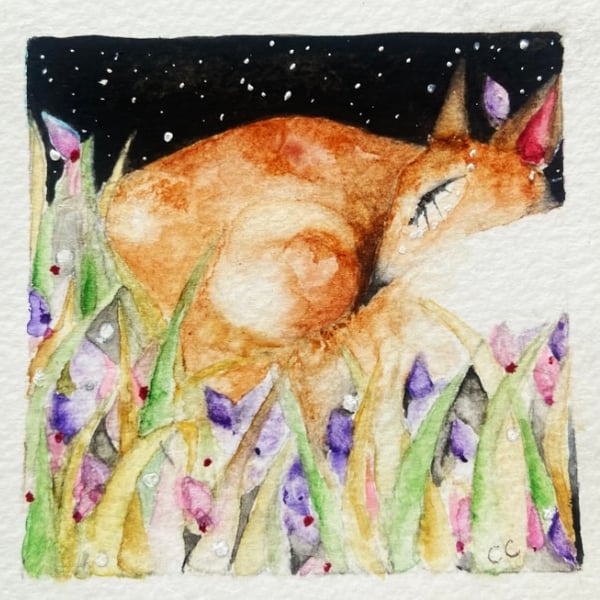 Original Resting Fox in Meadow Watercolour 