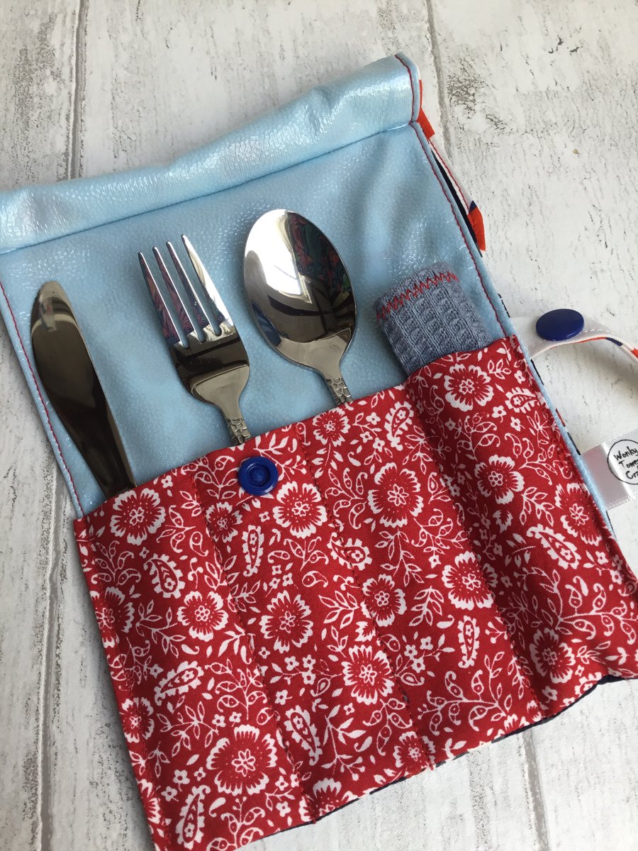 Travel cutlery roll with cutlery - navy and red dog lovers design.