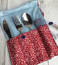 Travel cutlery roll with cutlery - navy and red dog lovers design.
