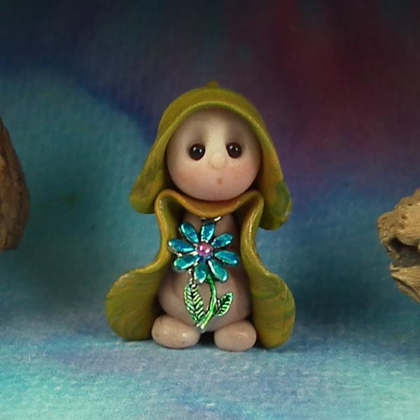 Sale Tiny Garden Gnome 'Dorie' with flower OOAK Sculpt Ann Galvin