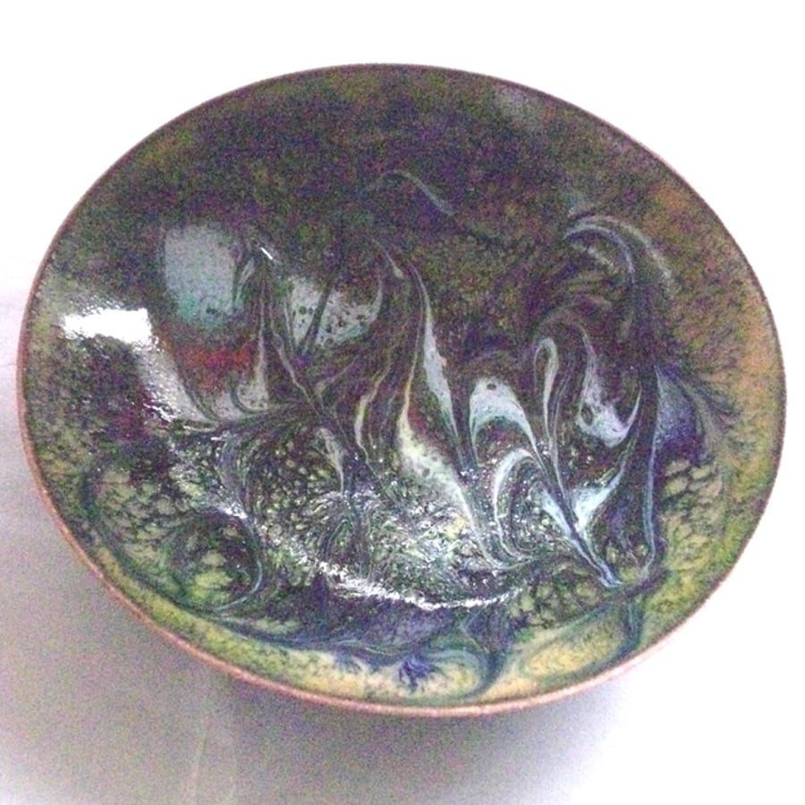 Large dish - enamel - scrolled white and red over blue and gold