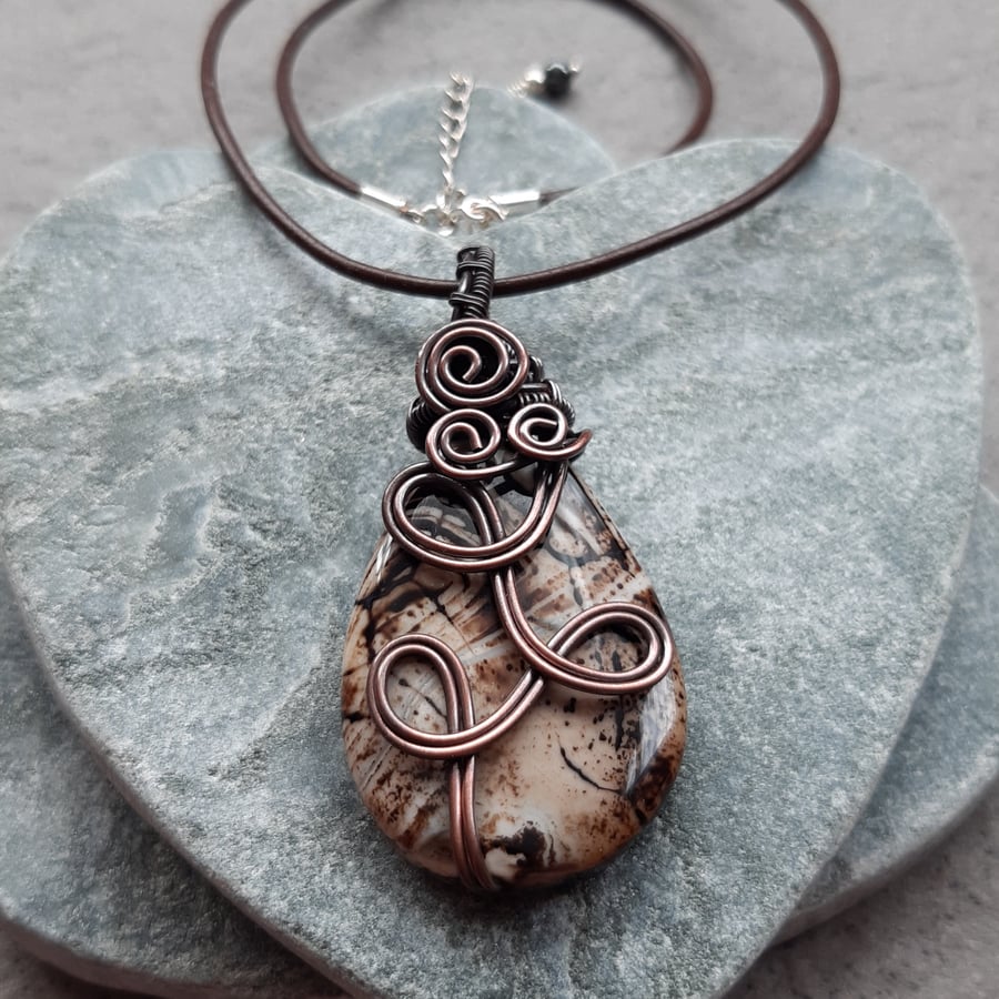  Copper Wire Wrapped Cappuccino Coloured Agate Pendant With Cord 