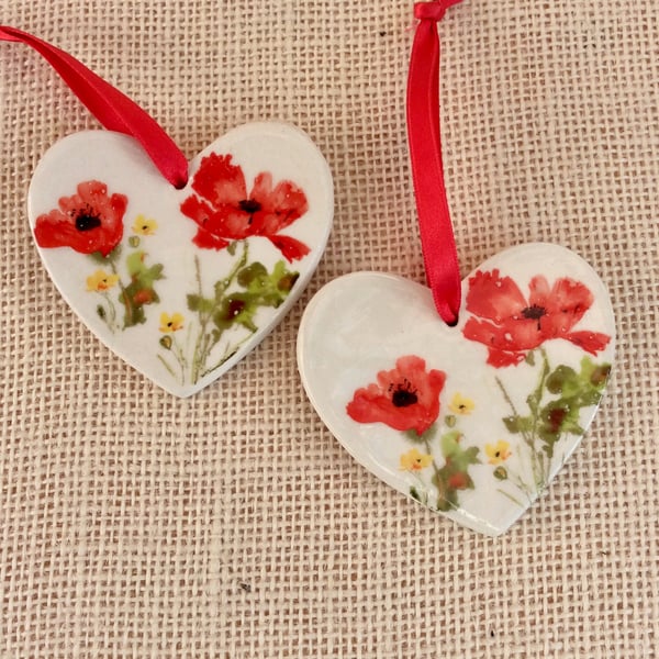 Red  Poppy hanging ornament - Ceramic home decor with red flower 1LL