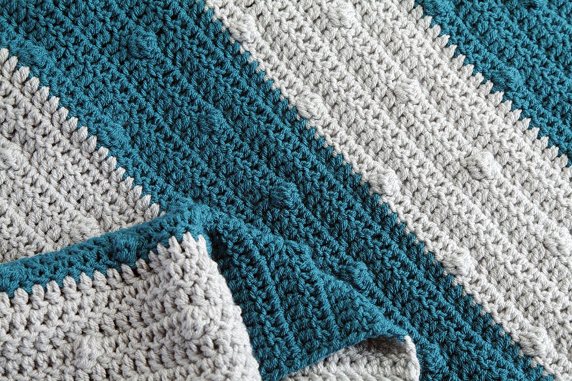 Stripe Baby Blanket Throw with Bobbles, Grey Blue Blanket