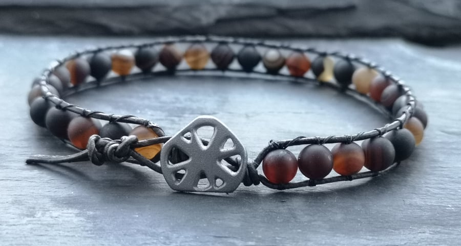 Agate bead and leather bracelet, semi precious, unisex