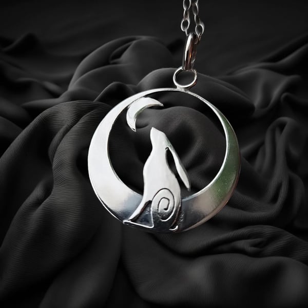 Silver Hare and Crescent moon Necklace