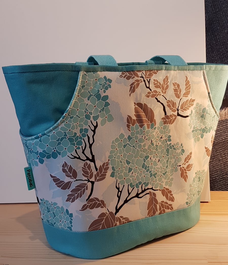 Tote bag with drink holder pockets,Aqua Hydrangea 