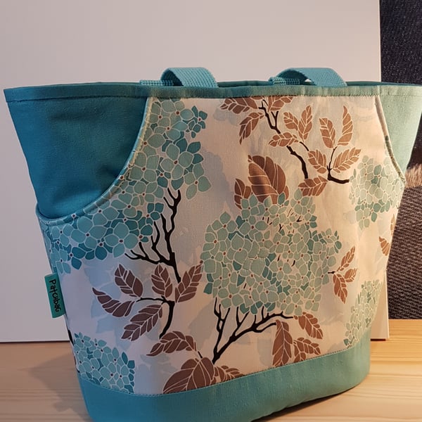 Tote bag with drink holder pockets,Aqua Hydrangea 