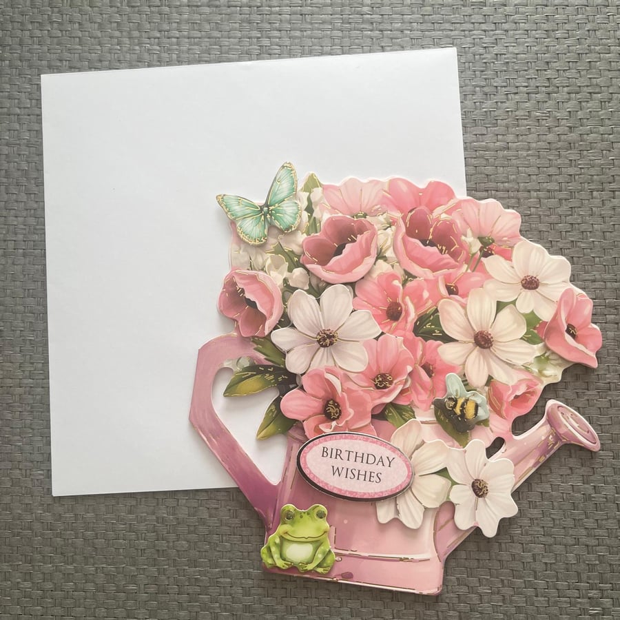 Image of Pink floral watering can birthday card 