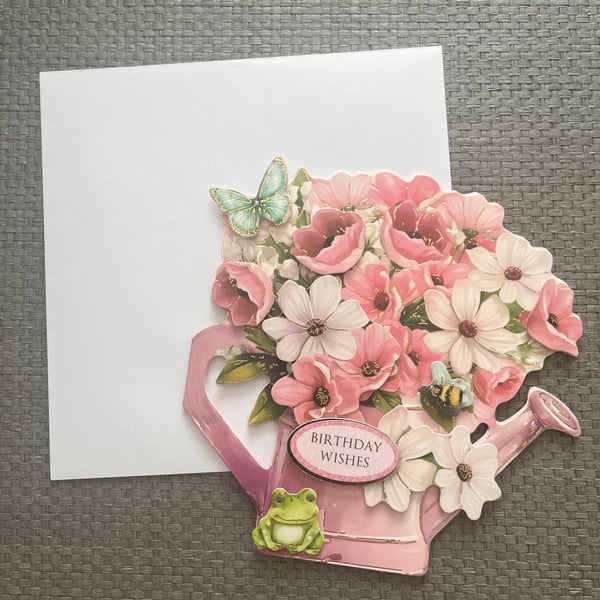 Pink floral watering can birthday card 