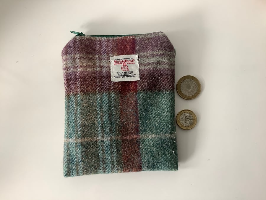 Green and Wine Check Harris Tweed coin purse ,Zip pouch