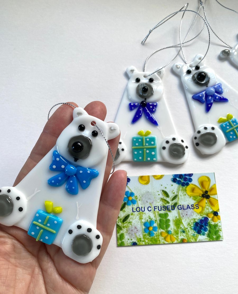 Gorgeous polar bear , fused glass Christmas decoration
