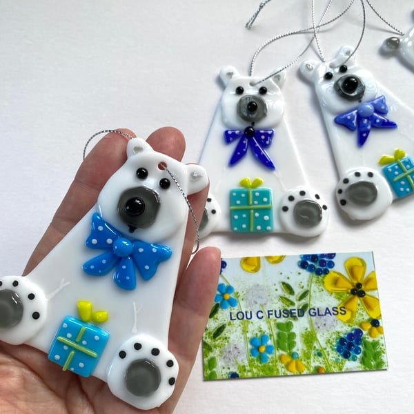 Gorgeous polar bear , fused glass Christmas decoration