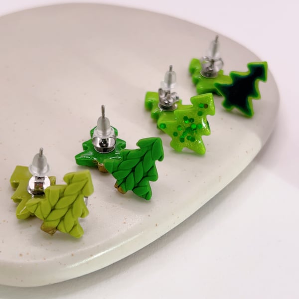 Mini Christmas Tree Stud Earrings, Cute Festive Polymer Clay Jewellery