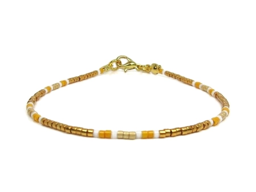 Orange, Gold & White Seed Bead Friendship Bracelet - 6.5" - 8.5"