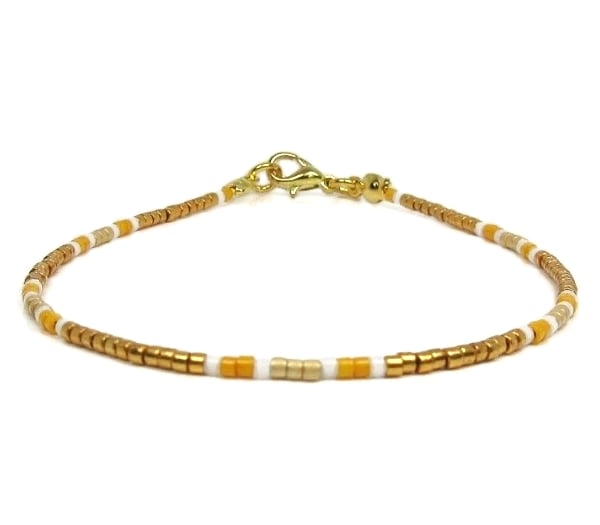 Orange, Gold & White Seed Bead Friendship Bracelet - Layering Bracelet 6.5" - 8"