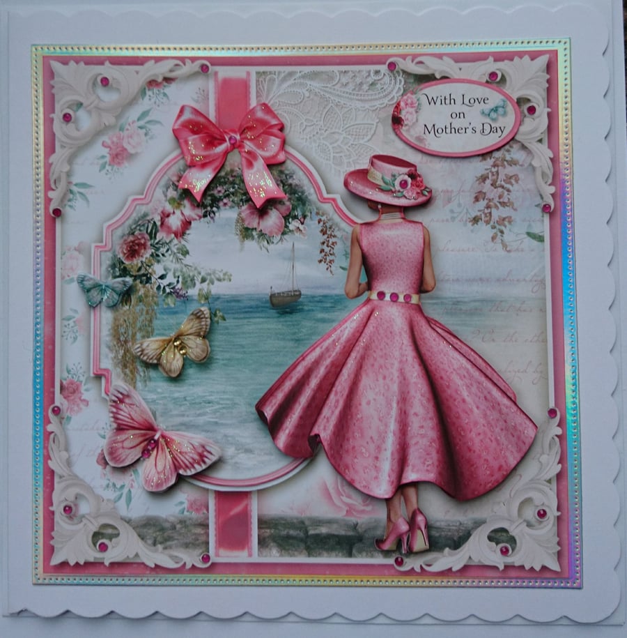 Mother's Day Card and Free Gift Card With Love Pink Dress Ocean View Scene