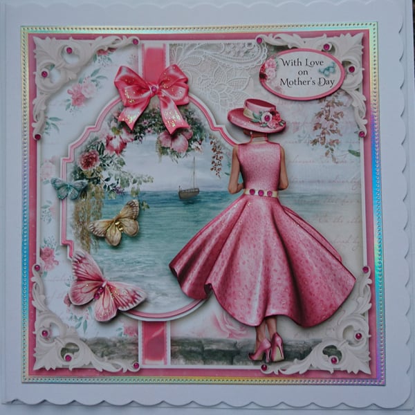 Mother's Day Card and Free Gift Card With Love Pink Dress Ocean View Scene