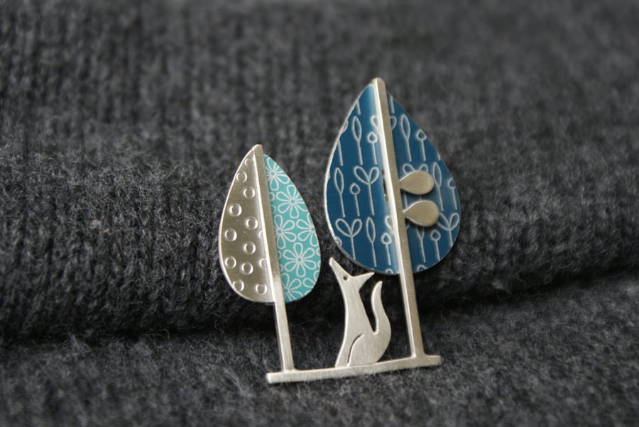 Fox and trees brooch