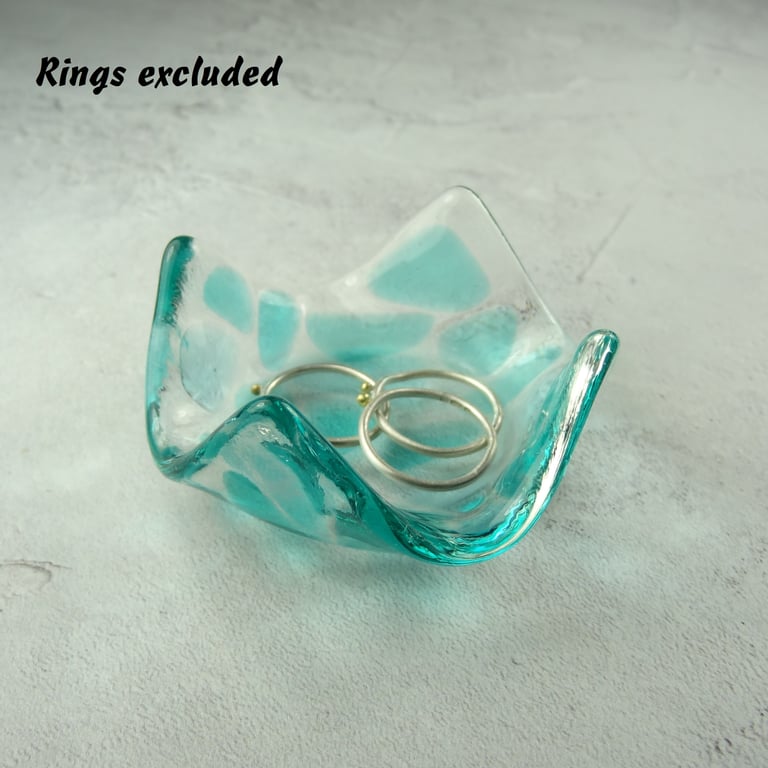 Turquoise mosaic fused glass trinket dish, rings, earrings, 6.5cm approx