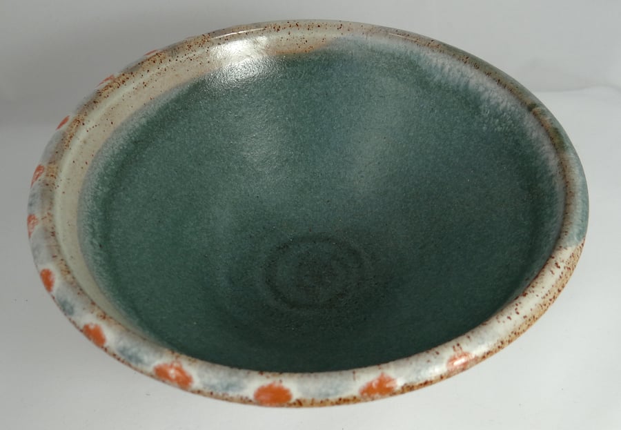 Rustic stoneware bowl in orange, green & cream - handmade pottery