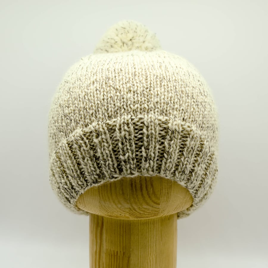 SOLD - Hand Knitted bobble hat in marled white and black yarn - Adult small