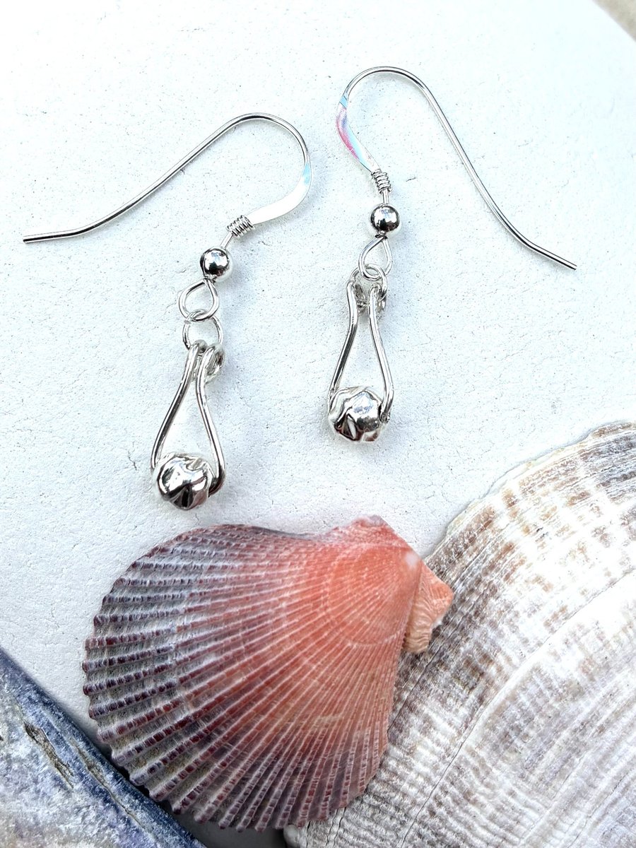 Tear-drop Shaped Hoop Earrings with Hammered Bead in Sterling Silver