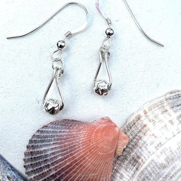 Tear-drop Shaped Hoop Earrings with Hammered Bead in Sterling Silver