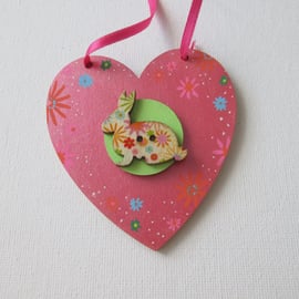 Bunny Rabbit Love Heart Hanging Decoration  Wood Wooden 