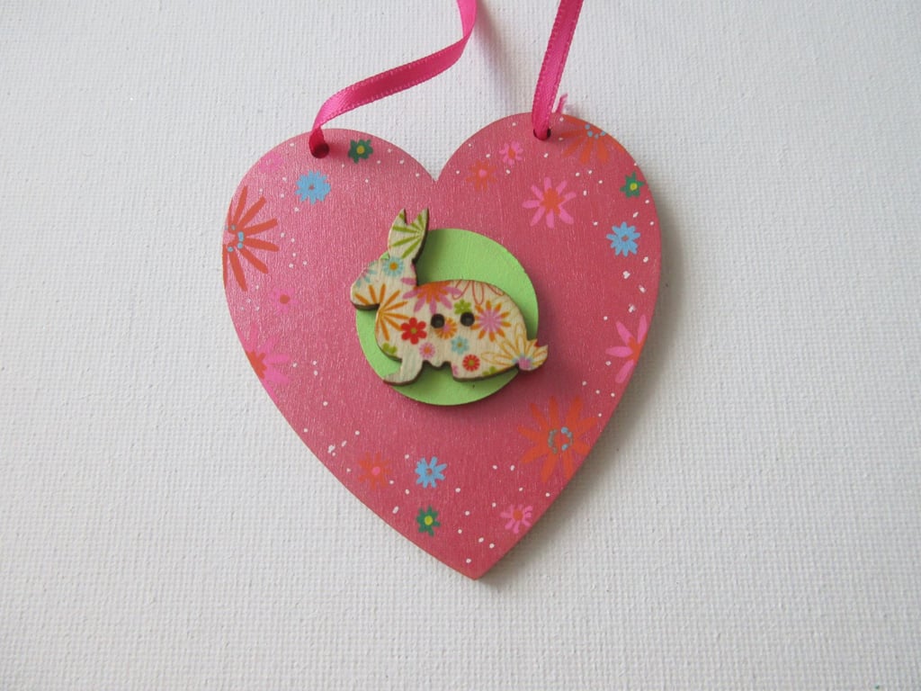 Bunny Rabbit Love Heart Hanging Decoration  Wood Wooden 