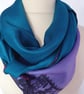 Vintage sari silk double sided triangular scarf. Turquoise Lilac Black - Image 8