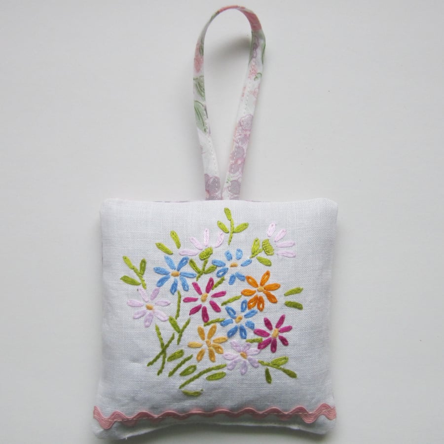 SALE Vintage Embroidered Floral Lavender Bag with Hanging Loop