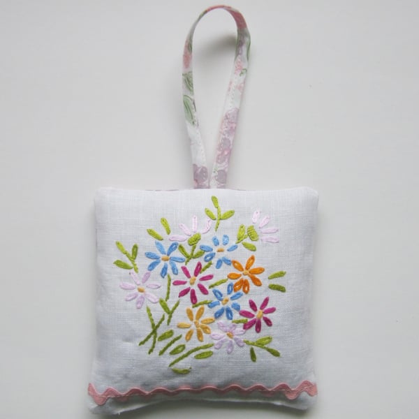 SALE Vintage Embroidered Floral Lavender Bag with Hanging Loop