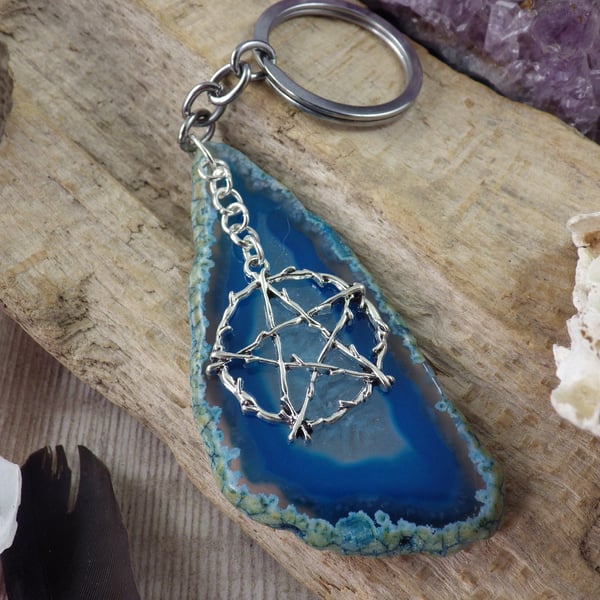 Pagan Pentagram Bag Charm Gemstone Keyring