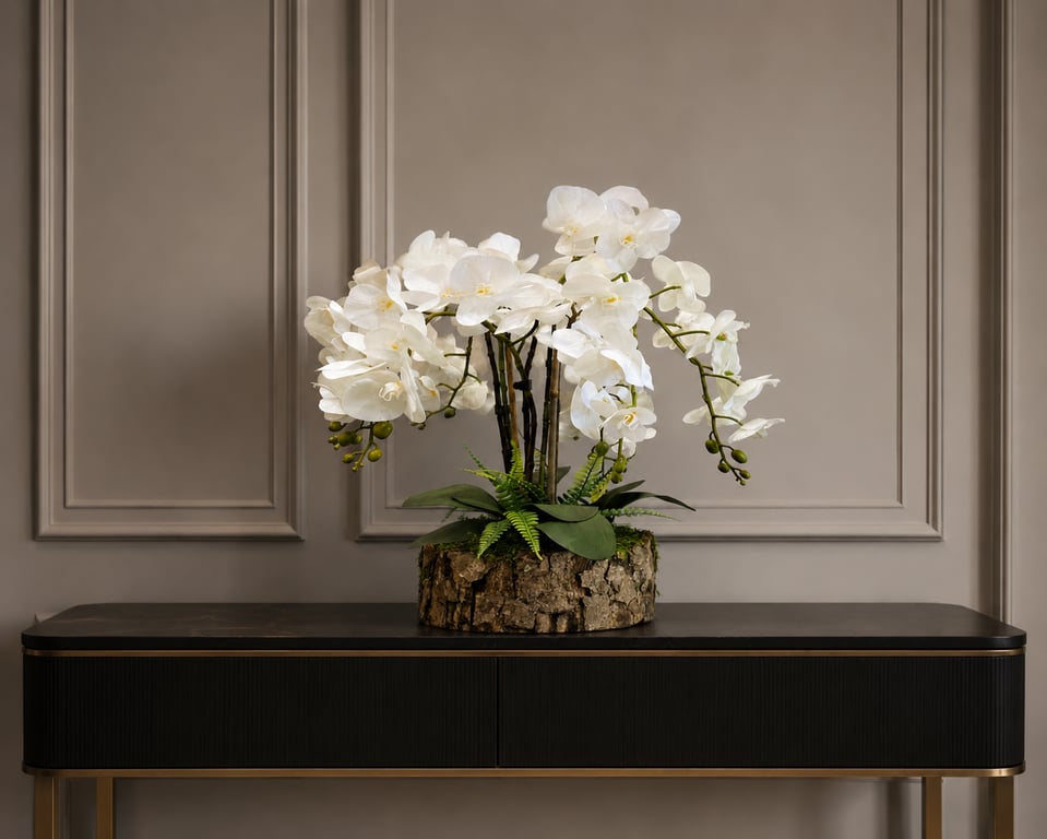 Luxury White Phalaenopsis Orchid Arrangement with Bark Effect Planter – Handmade