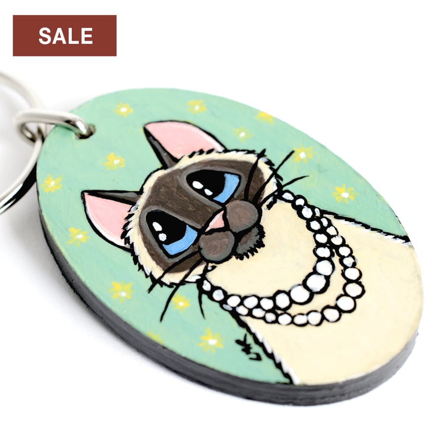 SALE - Lady Cat with Pearl Necklace - Handpainted Wooden Keyring
