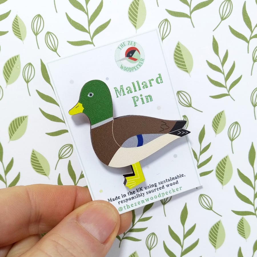 Duck Pin Badge, Mallard Brooch, Wooden Bird Badge