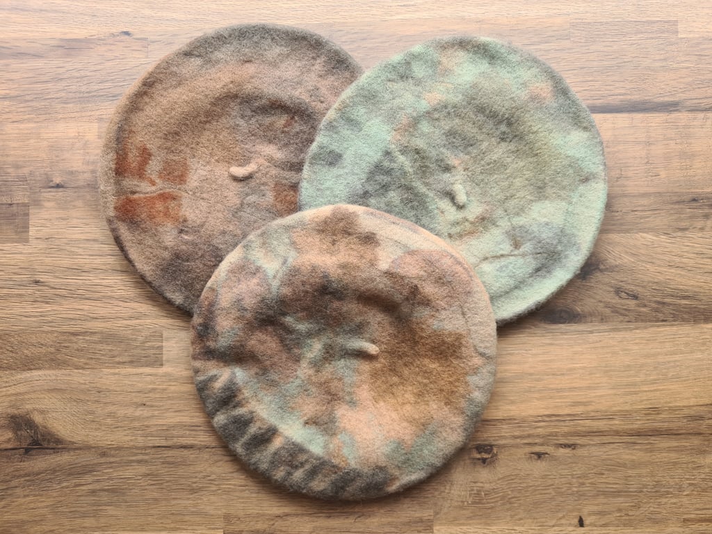 Naturally plant dyed eco printed wool beret 