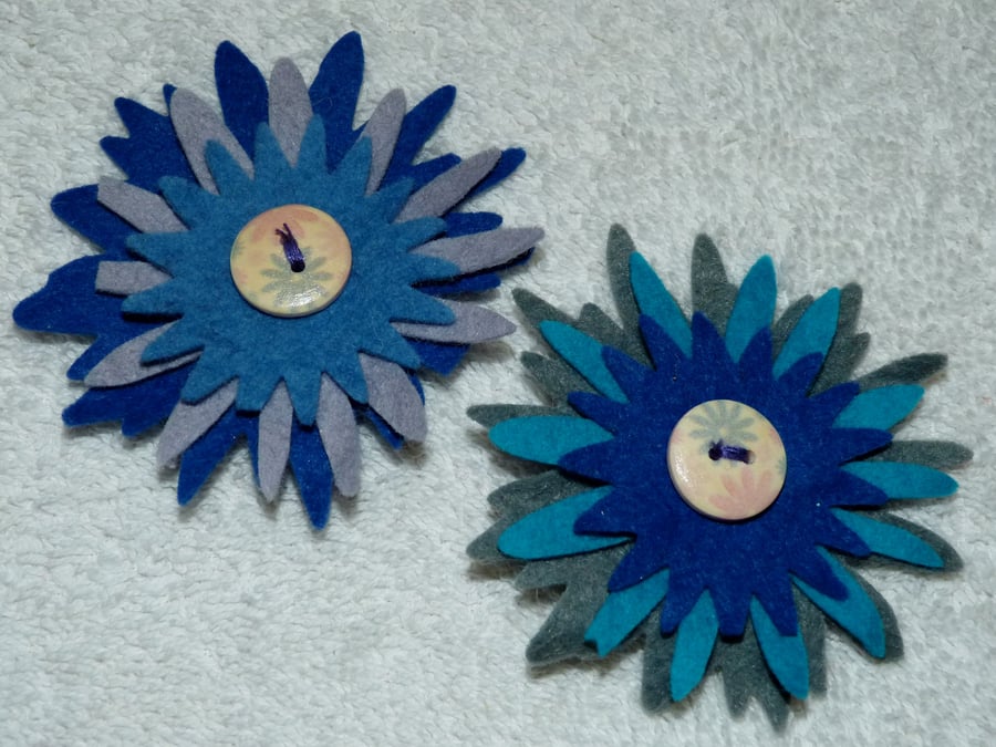 Felt Corsage in Blue Grey and Turquoise  with Wooden Button