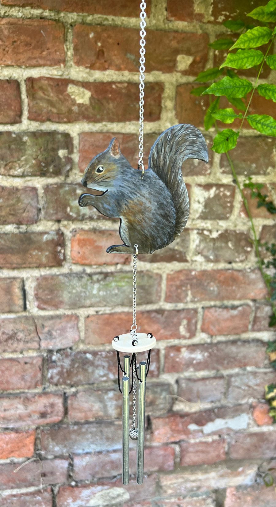 Gray  squirrel wind chime with aluminum chimes and a acorn striker 