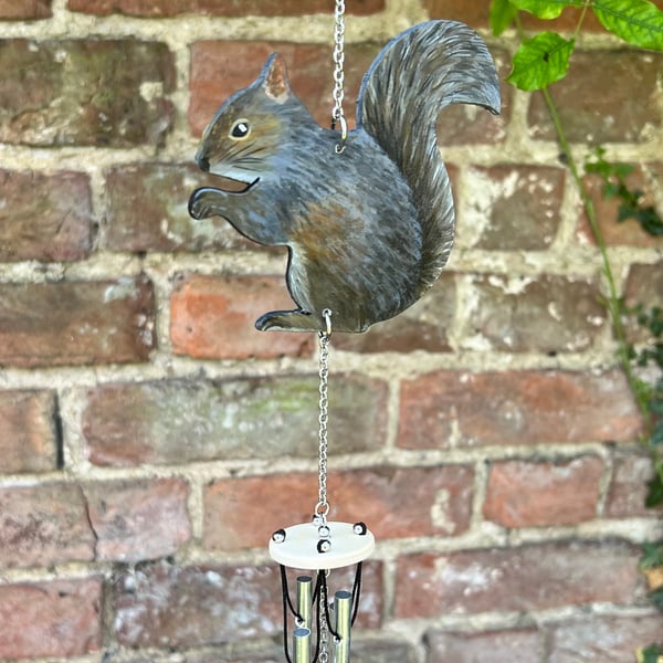 Gray  squirrel wind chime with aluminum chimes and a acorn striker 
