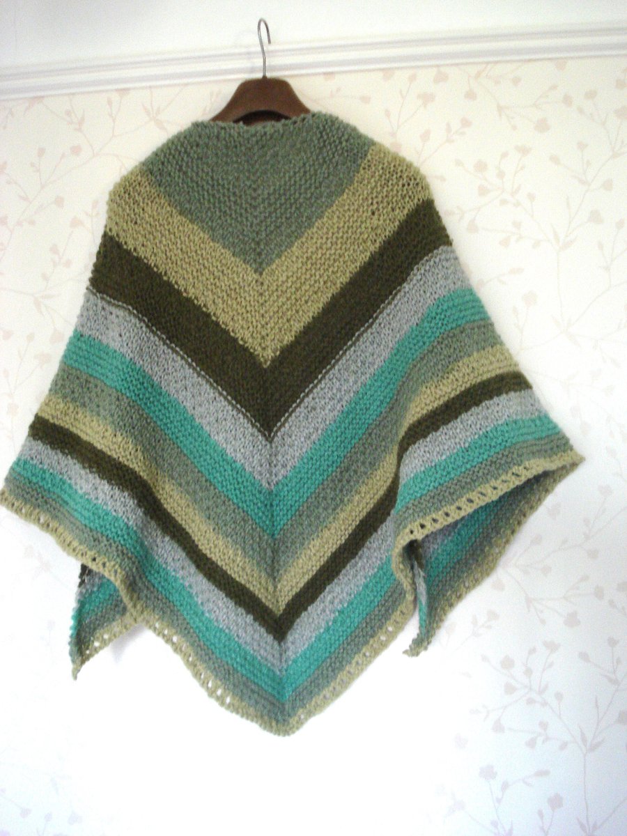 Knitted Triangular Shawl In Greens and Blues Complete With Shawl Pin (R826)