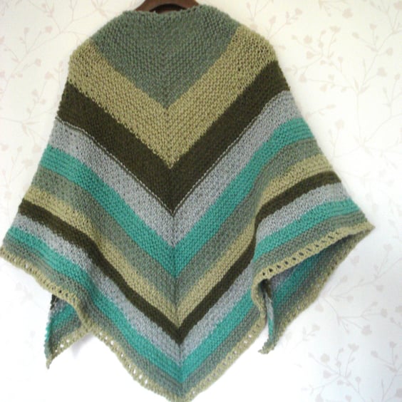 Knitted Triangular Shawl In Greens and Blues Complete With Shawl Pin (R826)