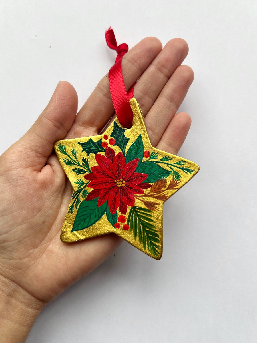 Hand painted Gold Star Ornament with Festive Poinsettia and Florals